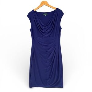 Lauren Ralph Lauren Jersey Cowlneck Dress Size 14 Ruched Sheath 95/5 Stretch